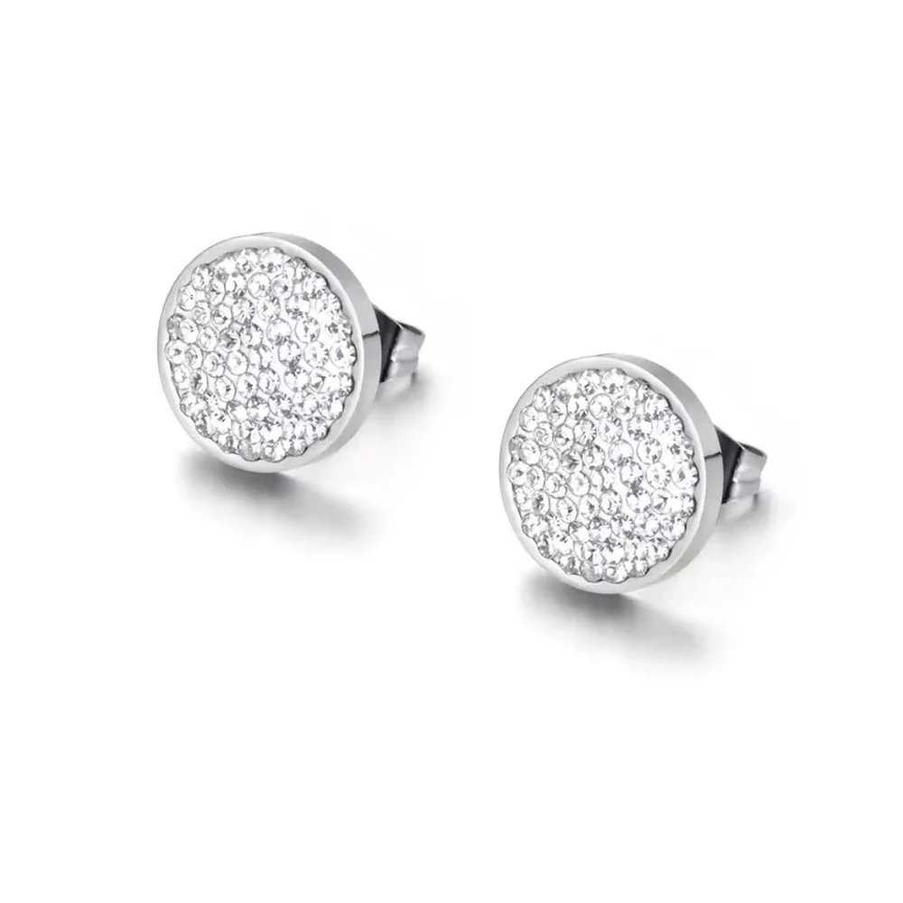 Sparkling Iced Crystal Round Stud Earrings Silver Plated Stainless‎